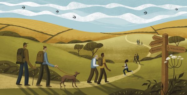 An animated image of walkers on a path alongside hills